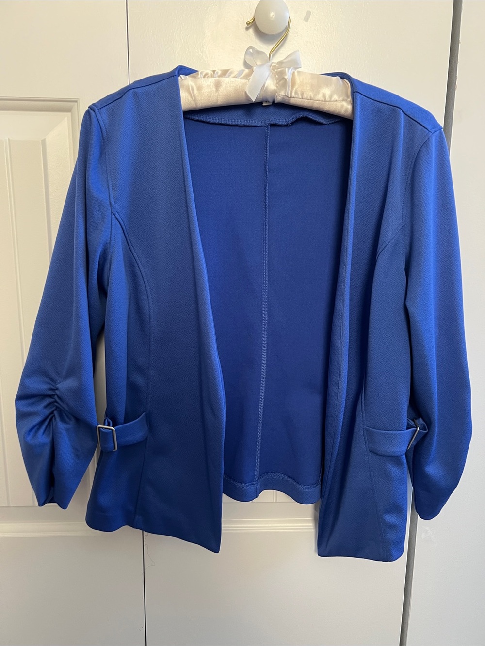Open-Front Cobalt Blue Women's Soft Blazer with Buckle Detail and Ruched Sleeves